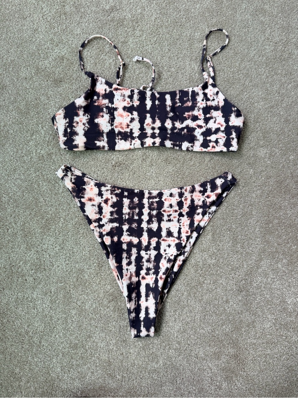 Skatie Tie-Dye Two-Piece Bikini — Black & Cream with Blush Accents